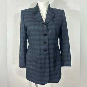Le Suit Petite Womens Navy Green Plaid Blazer Jacket Career Button Front Sz 14P